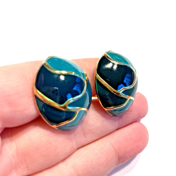 Vintage 80’s Clip On Earrings Chunky Fashion Gold & Teal Green Enamel Oval Domes - Picture 6 of 7